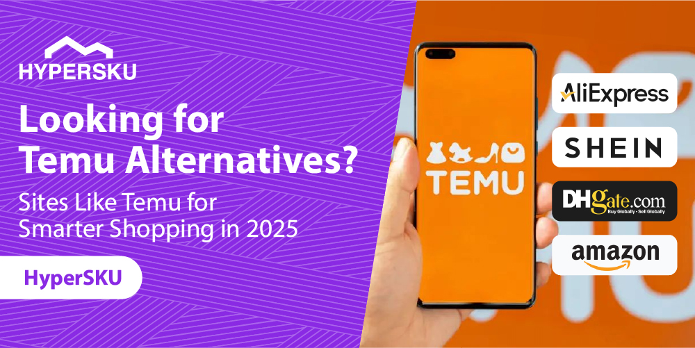 Illustration of popular eCommerce platforms with text overlay reading “Top Sites Like Temu in 2025”